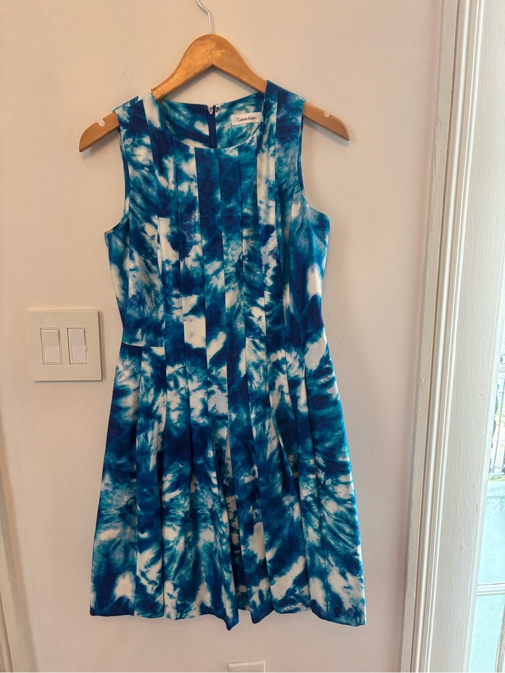 Calvin Klein Blue and White Tie-Dye Sleeveless Fit & Flare Dress